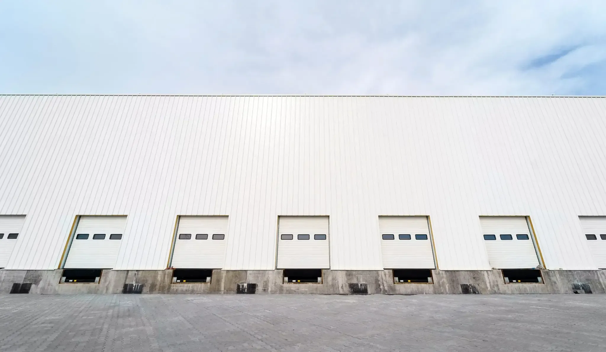 Exterior of a white warehouse