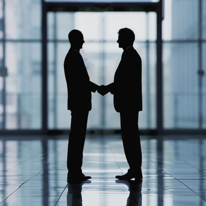 Two business people shaking hands silhouetted against window